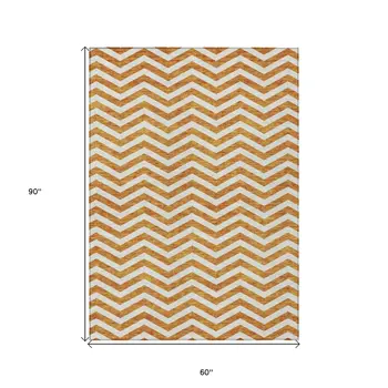 5' X 8' Orange And Beige Chevron Washable Indoor Outdoor Area Rug