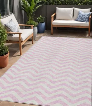 5' X 8' Pink And Gray Chevron Washable Indoor Outdoor Area Rug