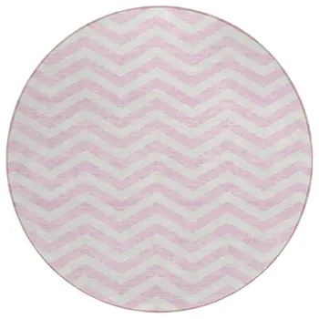 8' Pink And Gray Round Chevron Washable Indoor Outdoor Area Rug