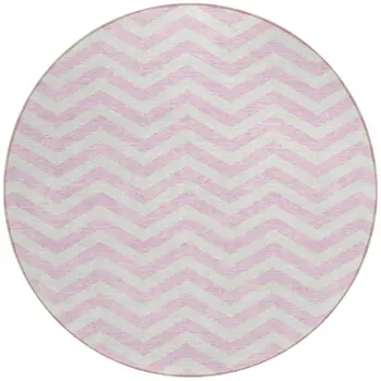 8' Pink And Gray Round Chevron Washable Indoor Outdoor Area Rug