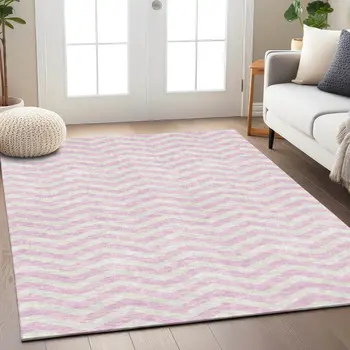 9' X 12' Pink And Gray Chevron Washable Indoor Outdoor Area Rug