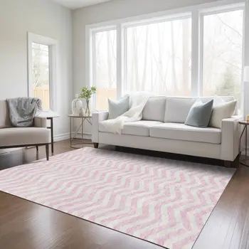 9' X 12' Pink And Gray Chevron Washable Indoor Outdoor Area Rug