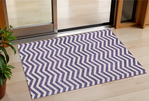 3' X 5' Purple And Ivory Chevron Washable Indoor Outdoor Area Rug