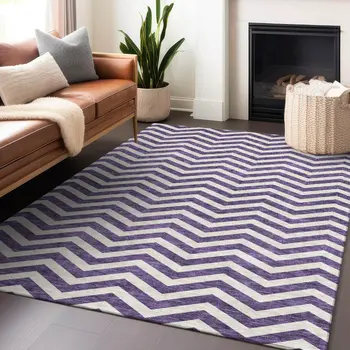 5' X 8' Purple And Ivory Chevron Washable Indoor Outdoor Area Rug