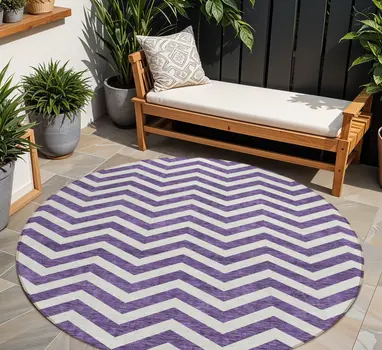 8' Purple And Ivory Round Chevron Washable Indoor Outdoor Area Rug