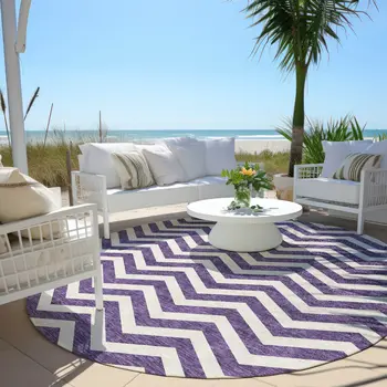 8' Purple And Ivory Round Chevron Washable Indoor Outdoor Area Rug