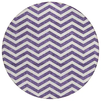 8' Purple And Ivory Round Chevron Washable Indoor Outdoor Area Rug
