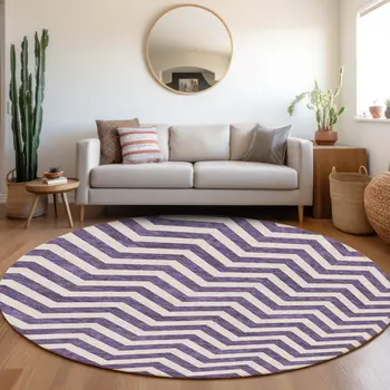8' Purple And Ivory Round Chevron Washable Indoor Outdoor Area Rug