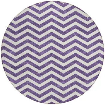 8' Purple And Ivory Round Chevron Washable Indoor Outdoor Area Rug