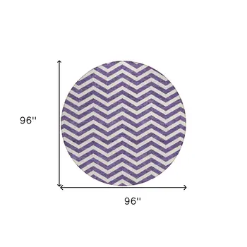 8' Purple And Ivory Round Chevron Washable Indoor Outdoor Area Rug