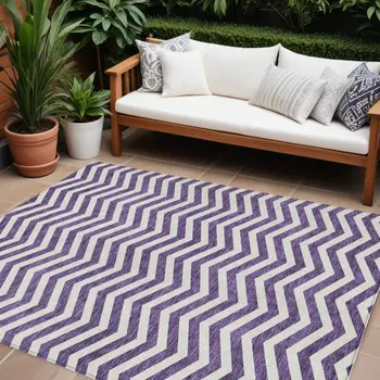 10' X 14' Purple And Ivory Chevron Washable Indoor Outdoor Area Rug