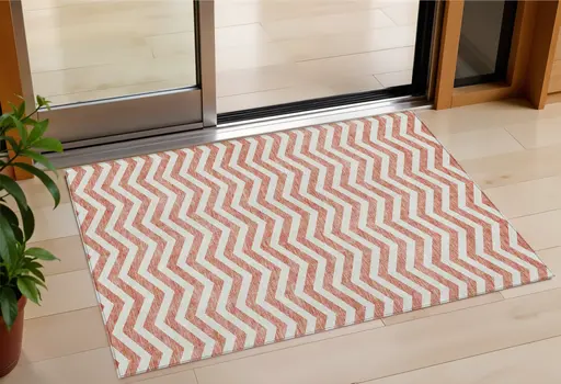 3' X 5' Salmon And Ivory Chevron Washable Indoor Outdoor Area Rug