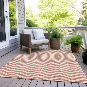 3' X 5' Salmon And Ivory Chevron Washable Indoor Outdoor Area Rug