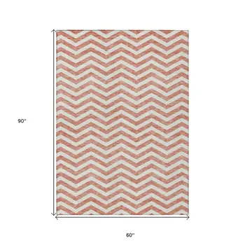 5' X 8' Salmon And Ivory Chevron Washable Indoor Outdoor Area Rug