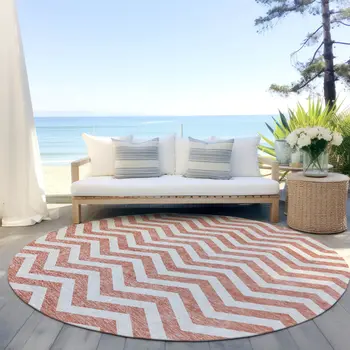 8' Salmon And Ivory Round Chevron Washable Indoor Outdoor Area Rug
