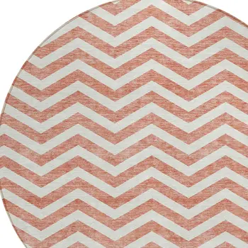 8' Salmon And Ivory Round Chevron Washable Indoor Outdoor Area Rug