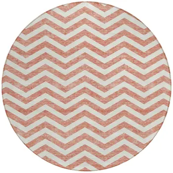 8' Salmon And Ivory Round Chevron Washable Indoor Outdoor Area Rug