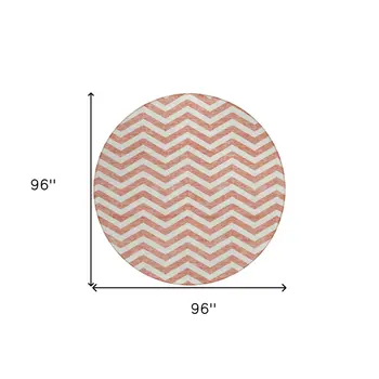 8' Salmon And Ivory Round Chevron Washable Indoor Outdoor Area Rug