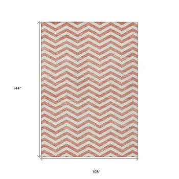 9' X 12' Salmon And Ivory Chevron Washable Indoor Outdoor Area Rug