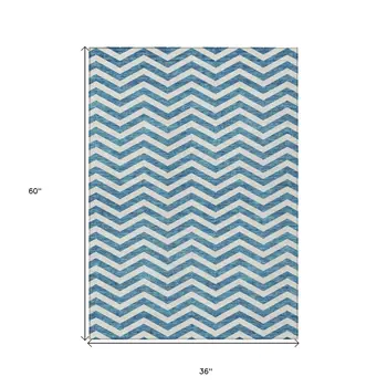 3' X 5' Teal Blue And Ivory Chevron Washable Indoor Outdoor Area Rug