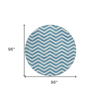 8' Teal Blue And Ivory Round Chevron Washable Indoor Outdoor Area Rug