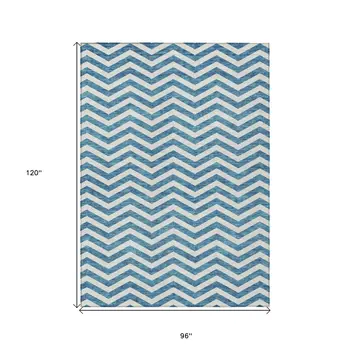 8' X 10' Teal Blue And Ivory Chevron Washable Indoor Outdoor Area Rug