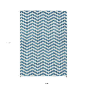 9' X 12' Teal Blue And Ivory Chevron Washable Indoor Outdoor Area Rug