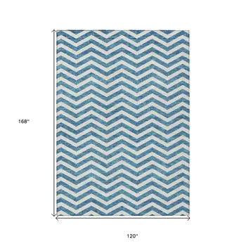 10' X 14' Teal Blue And Ivory Chevron Washable Indoor Outdoor Area Rug