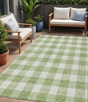 5' X 8' Artichoke Green And Gray Plaid Washable Indoor Outdoor Area Rug