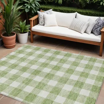 8' X 10' Artichoke Green And Gray Plaid Washable Indoor Outdoor Area Rug