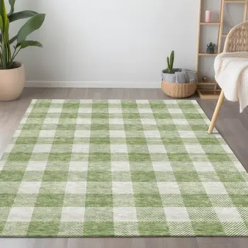8' X 10' Artichoke Green And Gray Plaid Washable Indoor Outdoor Area Rug