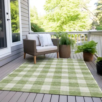 10' X 14' Artichoke Green And Gray Plaid Washable Indoor Outdoor Area Rug