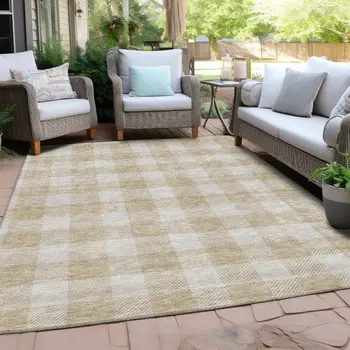 3' X 5' Beige And Gray Plaid Washable Indoor Outdoor Area Rug