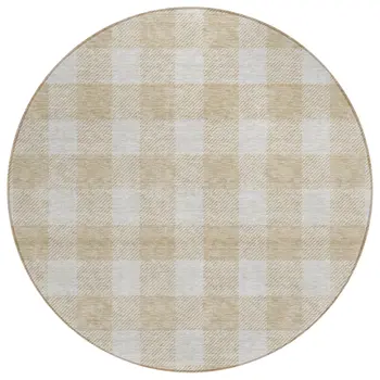 8' Beige And Gray Round Plaid Washable Indoor Outdoor Area Rug