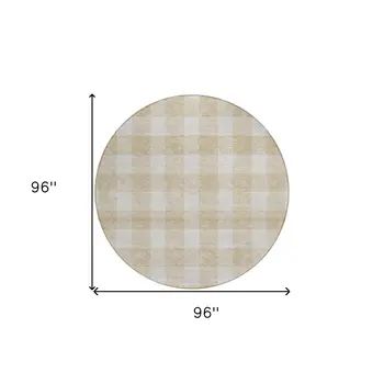 8' Beige And Gray Round Plaid Washable Indoor Outdoor Area Rug