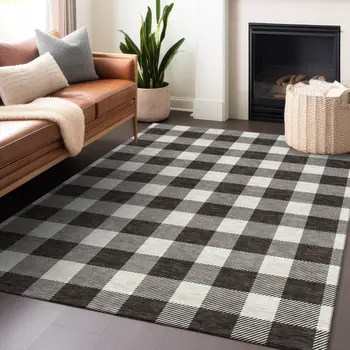 3' X 5' Black And Gray Plaid Washable Indoor Outdoor Area Rug