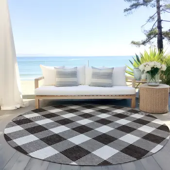 8' Black And Gray Round Plaid Washable Indoor Outdoor Area Rug