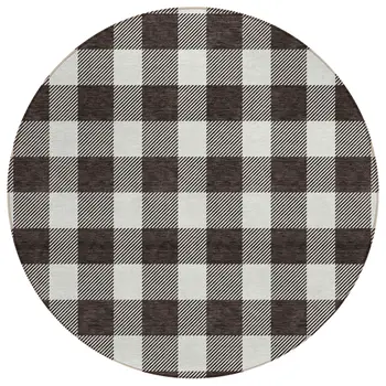 8' Black And Gray Round Plaid Washable Indoor Outdoor Area Rug
