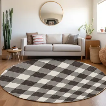 8' Black And Gray Round Plaid Washable Indoor Outdoor Area Rug