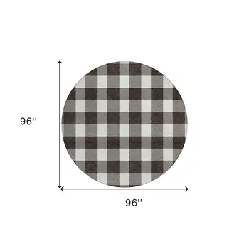 8' Black And Gray Round Plaid Washable Indoor Outdoor Area Rug