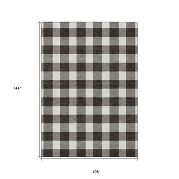 9' X 12' Black And Gray Plaid Washable Indoor Outdoor Area Rug