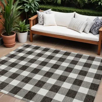10' X 14' Black And Gray Plaid Washable Indoor Outdoor Area Rug