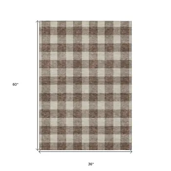 3' X 5' Brown And Beige Plaid Washable Indoor Outdoor Area Rug