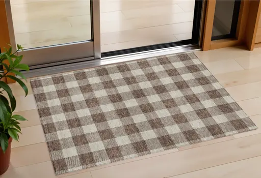 3' X 5' Brown And Beige Plaid Washable Indoor Outdoor Area Rug