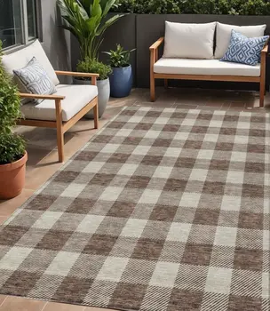 5' X 8' Brown And Beige Plaid Washable Indoor Outdoor Area Rug