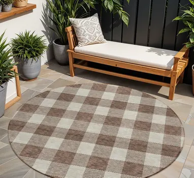8' Brown And Beige Round Plaid Washable Indoor Outdoor Area Rug