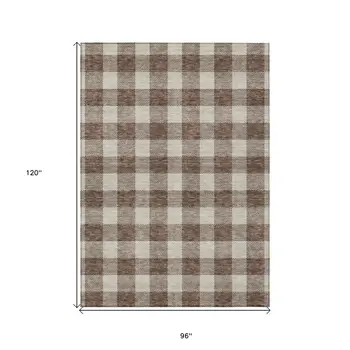 8' X 10' Brown And Beige Plaid Washable Indoor Outdoor Area Rug