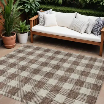 8' X 10' Brown And Beige Plaid Washable Indoor Outdoor Area Rug