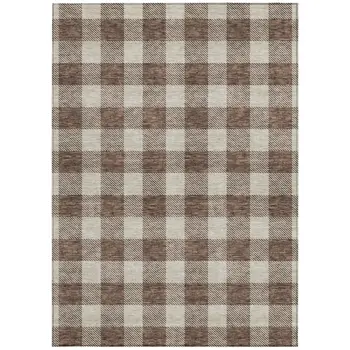 9' X 12' Brown And Beige Plaid Washable Indoor Outdoor Area Rug