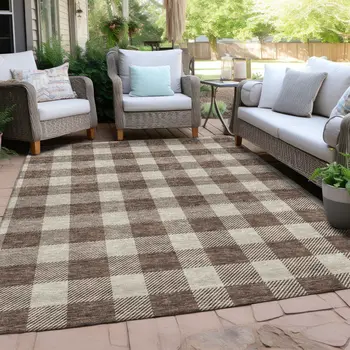 9' X 12' Brown And Beige Plaid Washable Indoor Outdoor Area Rug